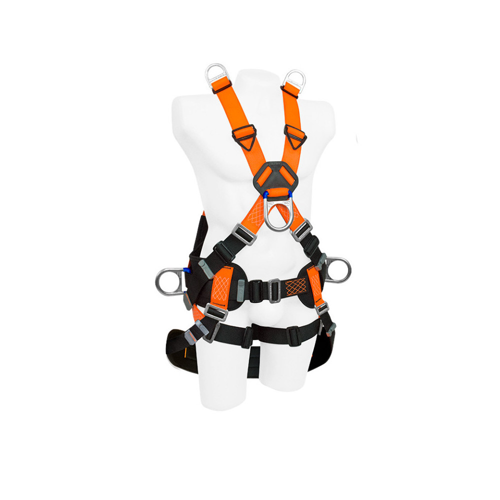 v  Arnés en X, 6 argollas para espacios confinados con soporte lumbar y asentadera